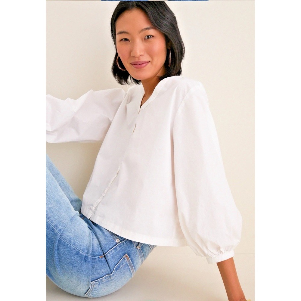 TUCKERNUCK Women Size Large Kennedi Boxy 3/4 Puff Slve Crop Blouse White Linen